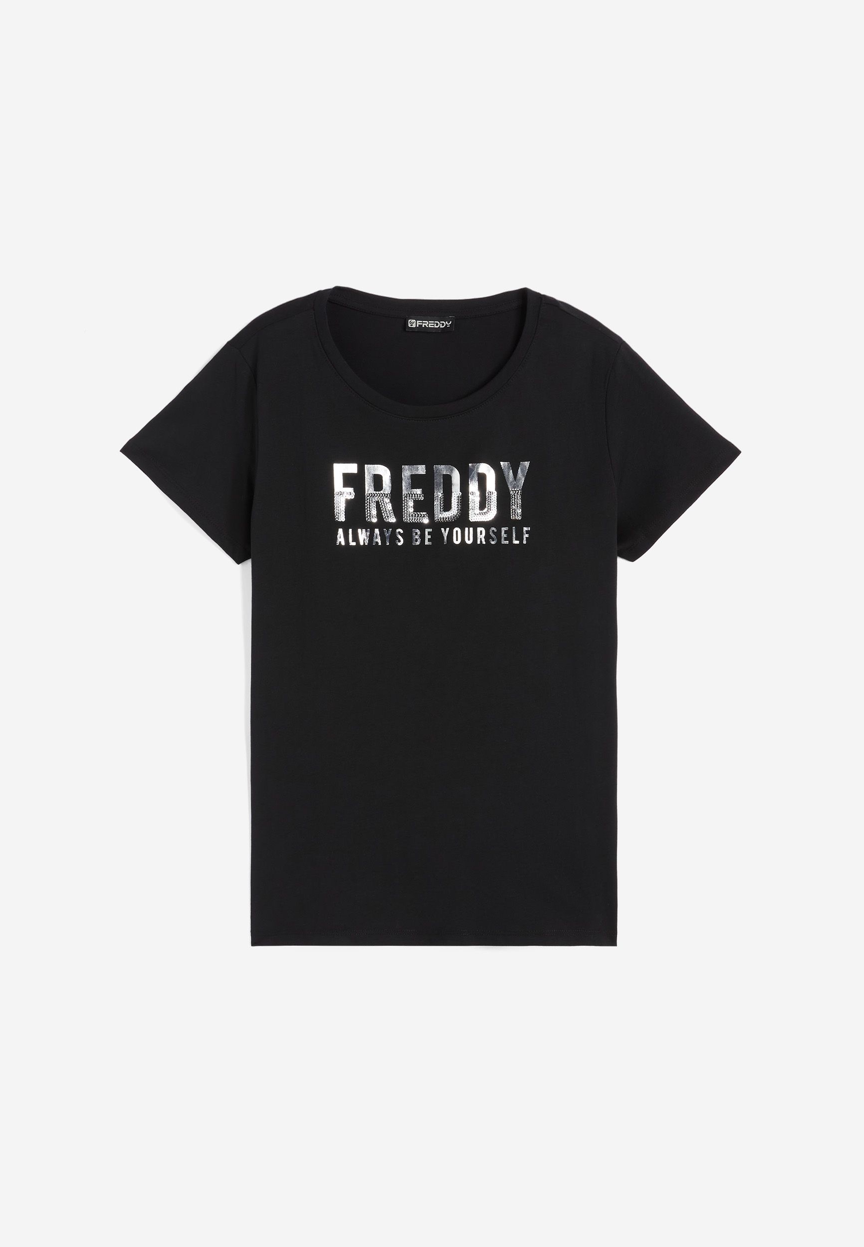 T shirt donna in cotone pima con grafica oro e paillettes Freddy Official Store