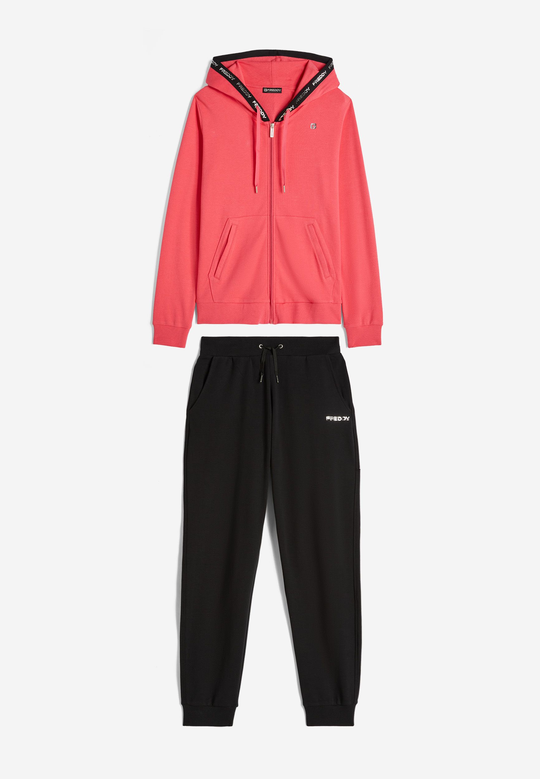Tuta donna in cotone interlock con zip e cappuccio bordato