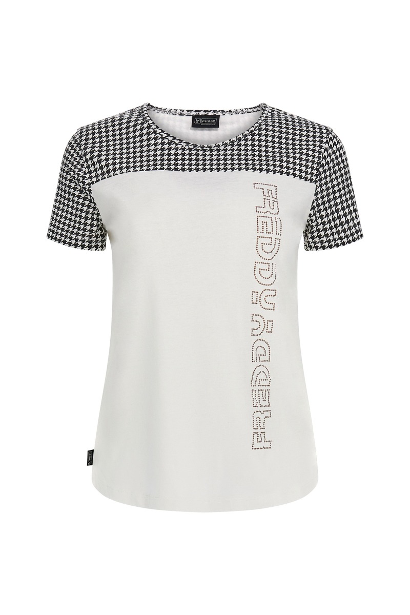 T-shirt carré e maniche pied de poule grafica in strass